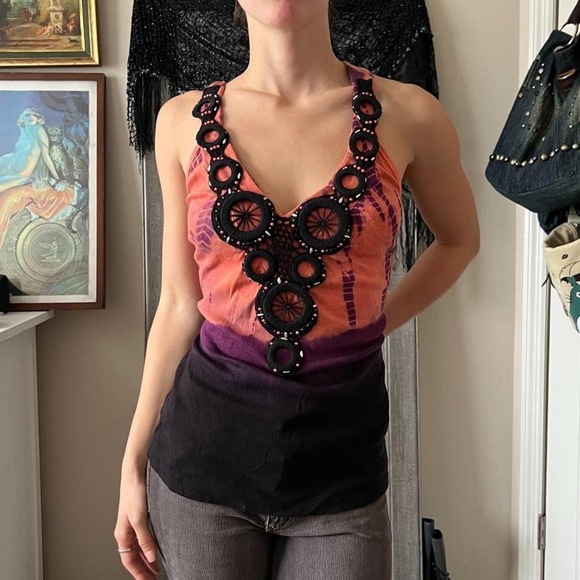 Bisou Bisou Tops - Bisou Bisou Y2K Tie Dye Cami Top Black Orange Purple Whimsygoth Small